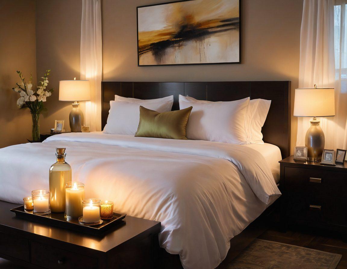 An elegant and inviting scene featuring a luxurious bedroom with soft, ambient lighting, plush pillows, and scented candles. Include tasteful elements such as a bottle of massage oil and silk sheets, setting a relaxing mood. In the background, a subtle hint of abstract art symbolizing sensuality and wellness. This image should evoke feelings of intimacy and relaxation. super-realistic. warm tones. soft focus.